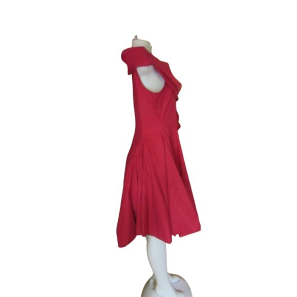 Samuel Dong Red Bubble Dress W/ Asymmetrical Ruffle Collar & Sleeveless Fit Medi - Picture 10 of 10